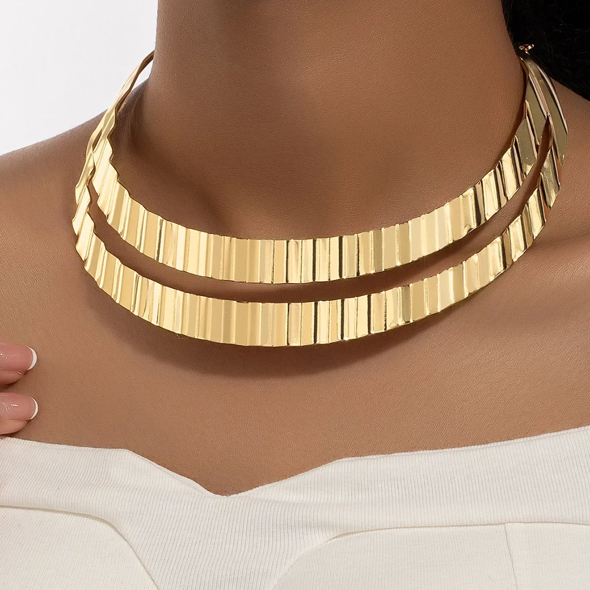 

Double Layered Geometric Metal Cuban Hip-hop Exaggerated Collar Necklace For Women Party Gift Fashion Jewelry CN059