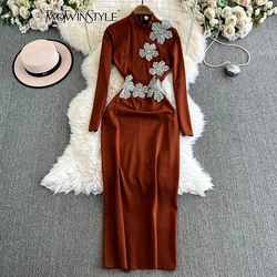 TWOTWINSTYLE Patchwork Diamonds Dresses For Women Stand Collar Long Sleeve High Waist Temperament Dress Female Style KDR517779