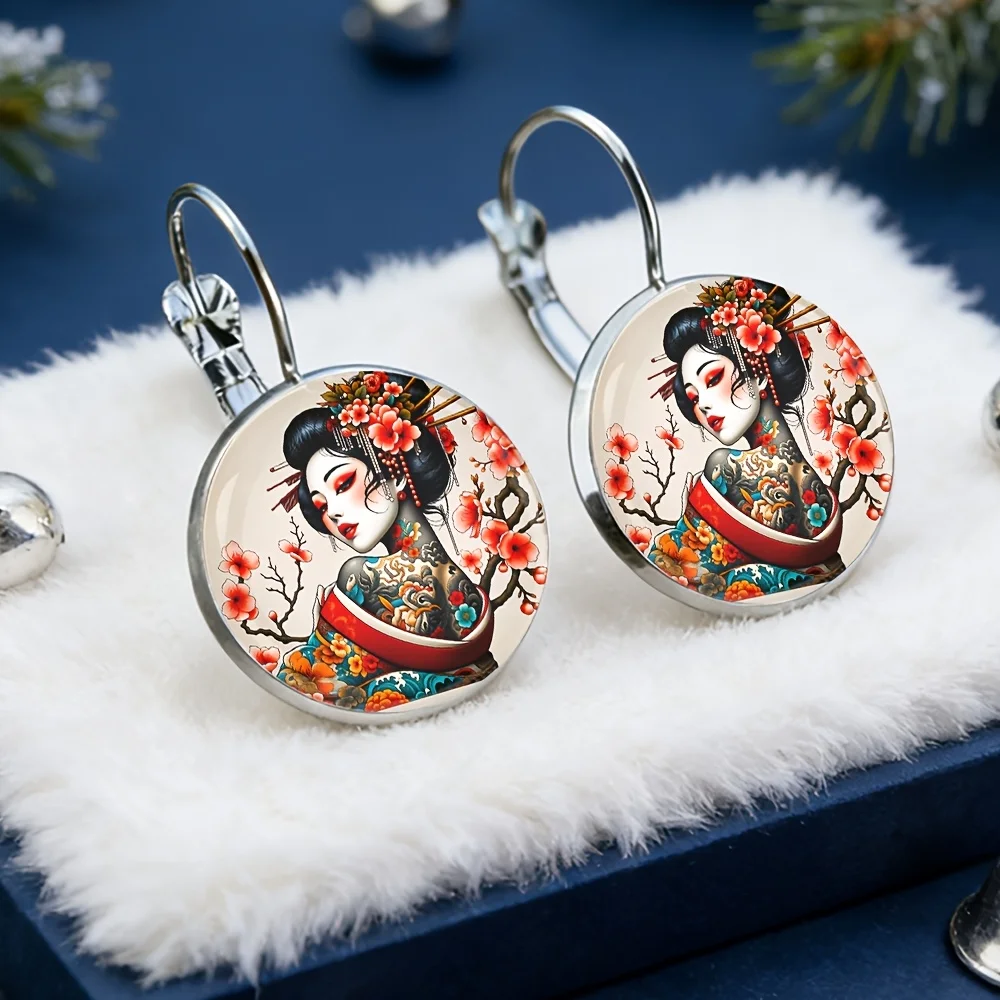 Japanese Geisha Pattern French Earrings, Alloy Material, Glass Inlaid, Women'S Fashion Gifts, Exquisite Earrings Suitable for
