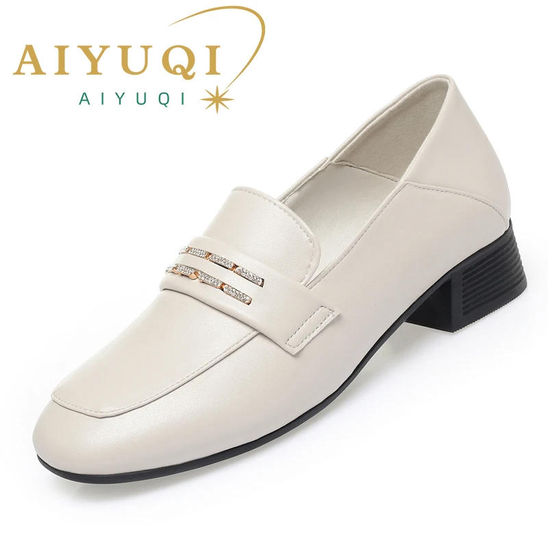 

AIYUQI Women Shoes Genuine Leather 2024 Fall New Square Head Thick Heel Women Loafers Shoes Large Size Fashion Ladies Peas Shoes