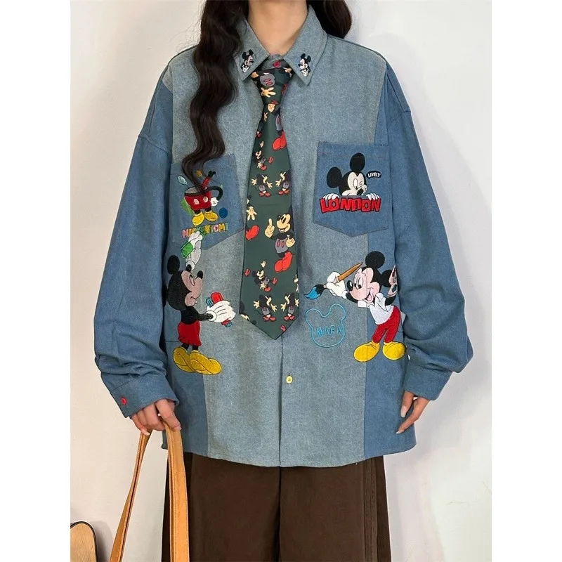 

fishing American Vintage Cartoon Embroidery Denim Long Sleeve Shirt Women New Loose Color Block Casual Trendy Topadults fun