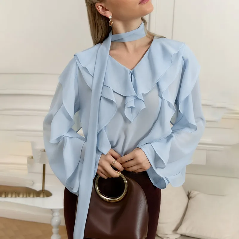

Talenza Casual Ribbon Shirt Summer Ruffle Long Sleeve Loose Office Lady Shirt Top Solid See Through V-Neck Pullover Women Blouse