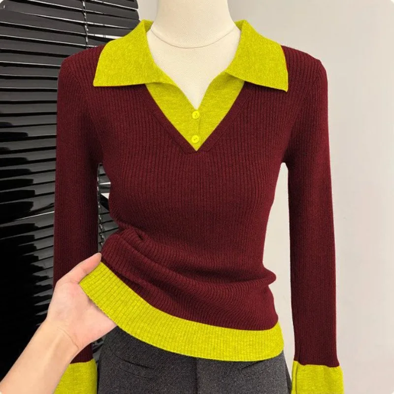 

Spring Autumn Women' Wear Polo Neck Knitwear Tops New Arrivals Long Sleeve Base Layer Sweater Patchwork Slimming Contrast Colour
