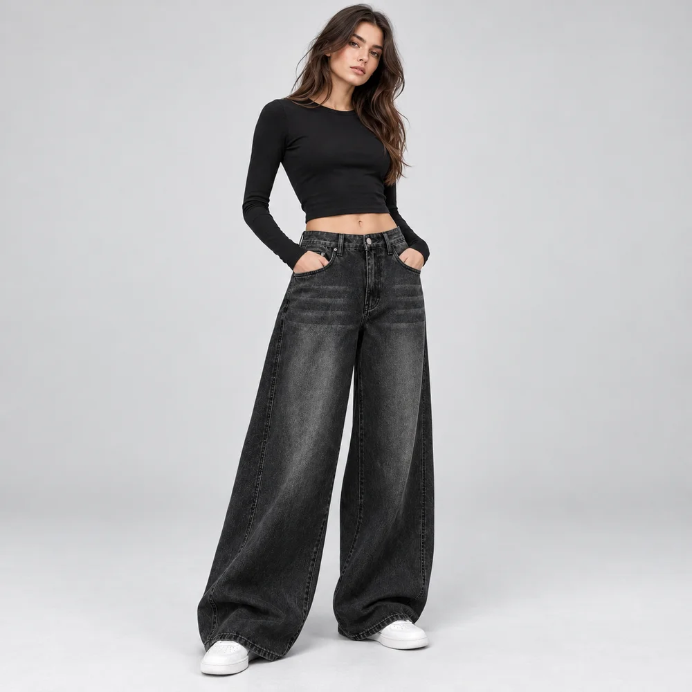 Women's Washed Black Gray Ultra Wide Leg Jeans with Back Lettering and Graphic Patch Pockets