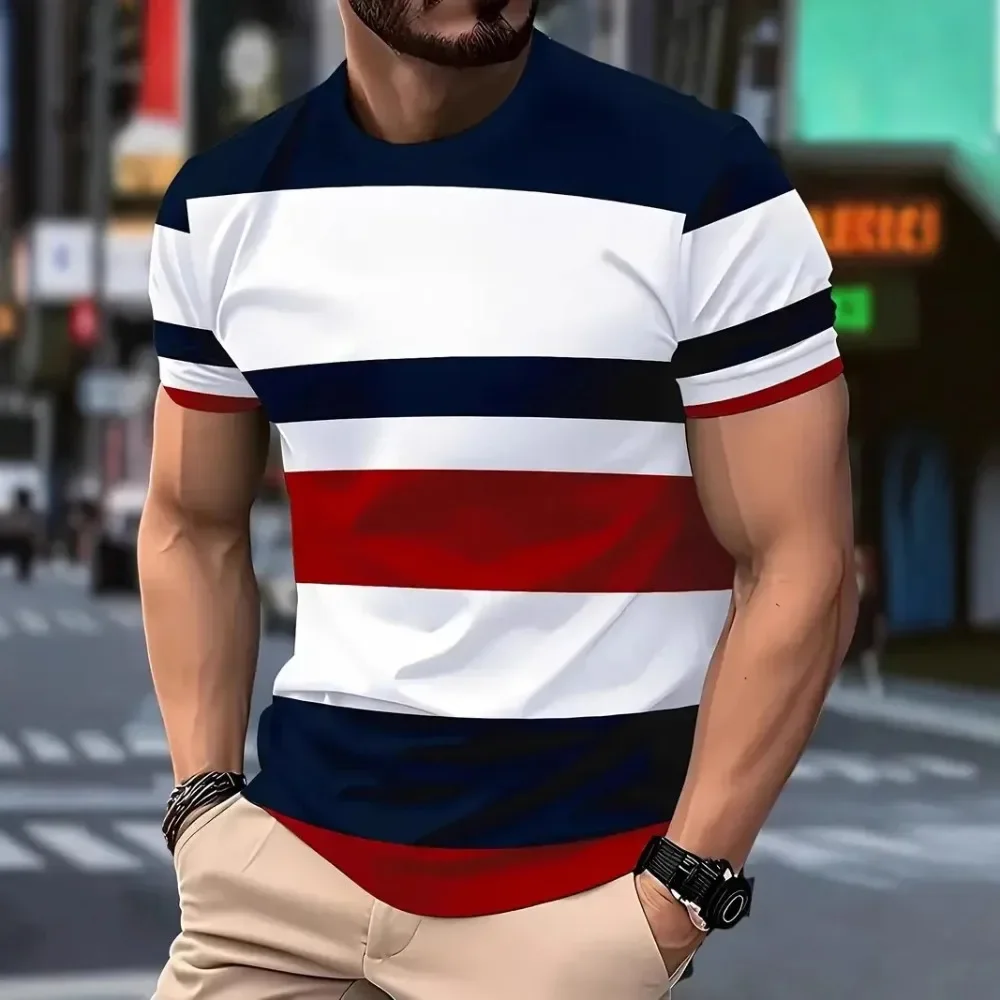 

2025 Summer Men's Fashion 3D T-shirt Printing, Splicing and Printing Color Block, Casual Slim Short-sleeved Outdoor Sports Runni