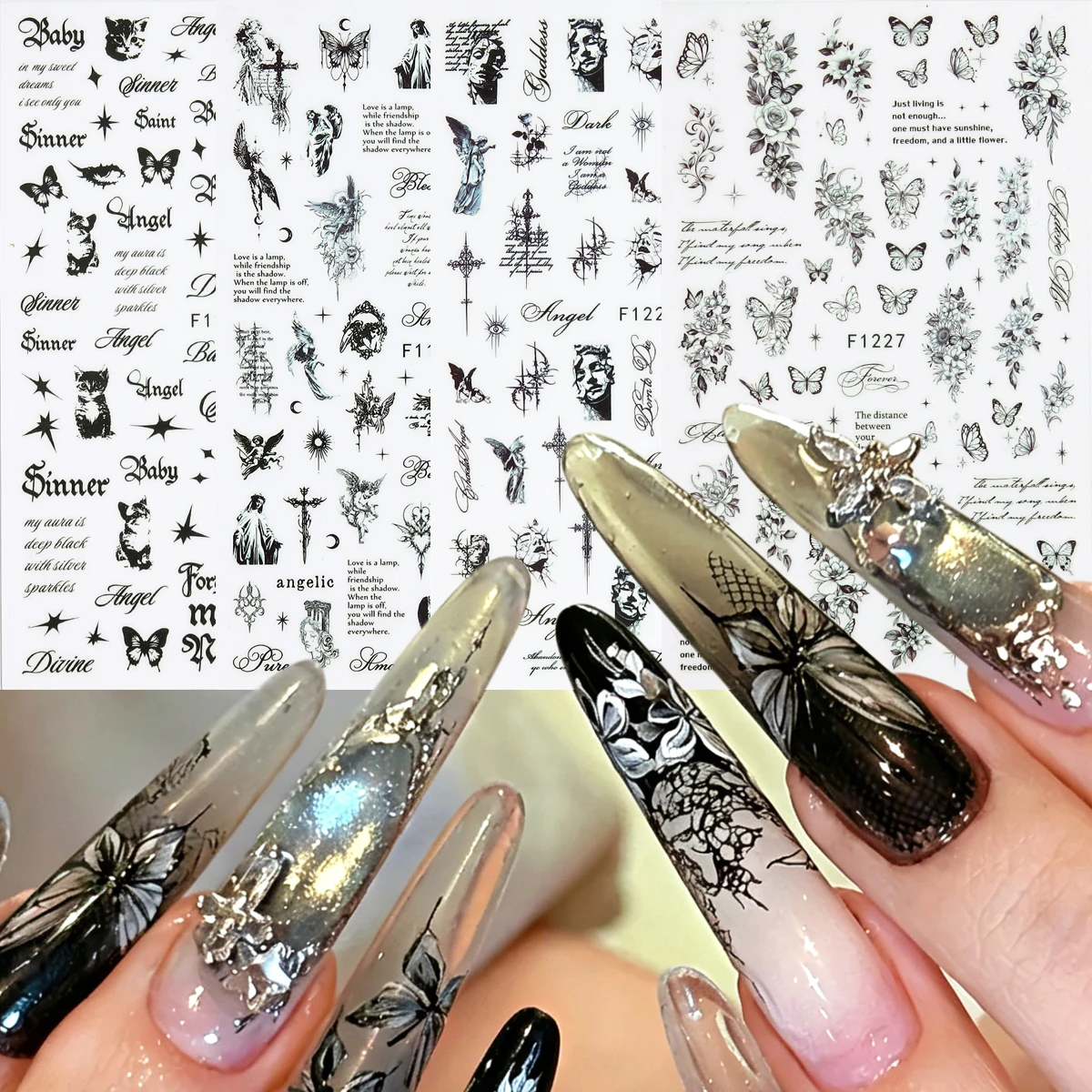 Nagelaufkleber im Gothic-Stil, Buchstaben-, Schmetterlings- und Kreuzmuster-Nagelsticker, selbstklebende glitzernde Harz-Nageldekorationen – Detail 5