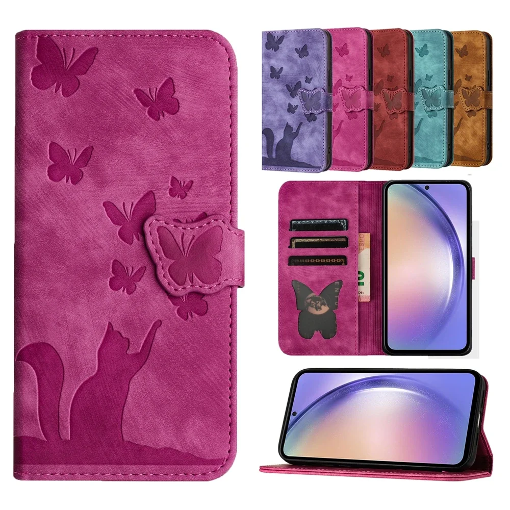 S24 Cat Butterfly Phone Cover for Samsung Galaxy A25 A15 A35 A55 A14 A24 A34 A54 A53 A33 A23 A13 A04 M13 5G Cases Leather Wallet