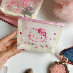 Sanrio Cherry Blossom Series Mesh Storage Bag Cartoon Hello Kitty Embroidered Cosmetic Coin Card Handbag Transparent Wash Bag