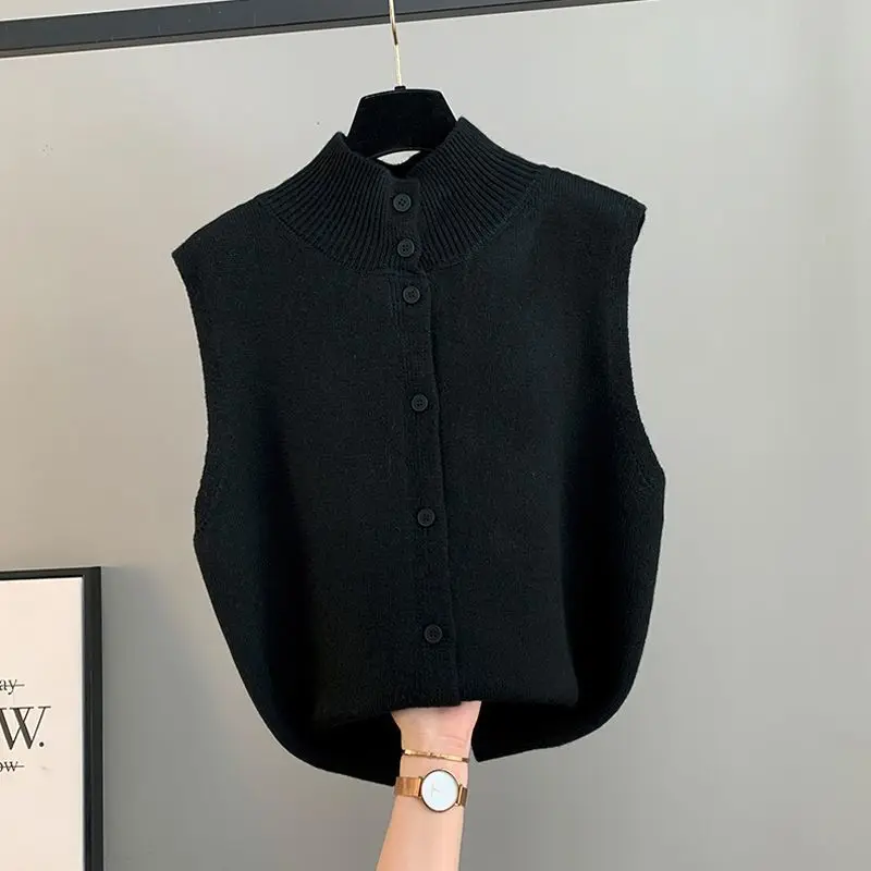 سترة محبوكة للنساء بلون سادة نصف الياقة المدورة تويست بلا أكمام سترة موضة مزدوجة الوجهين ارتداء صدرية فضفاضة تريكو #3