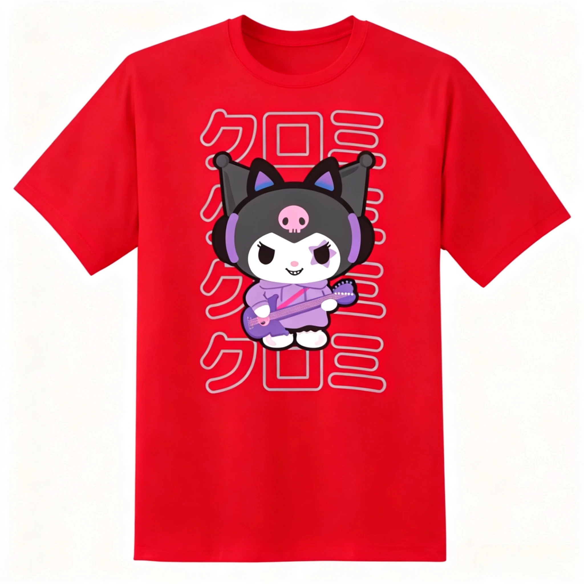 Kuromi T-Shirt Rock Guitar Japanese Text Cute Cartoon Graphic Men Women Kids Short Sleeve Girls Tee High-quality Trendy Clothing