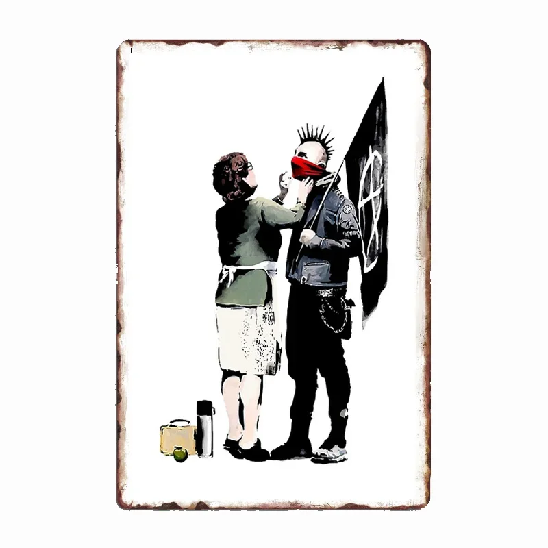 Banksy Anarchist Punk And His Mother Poster Metal Plaque Mural Painting Classic Kitchen Wall Pub Tin Sign Posters