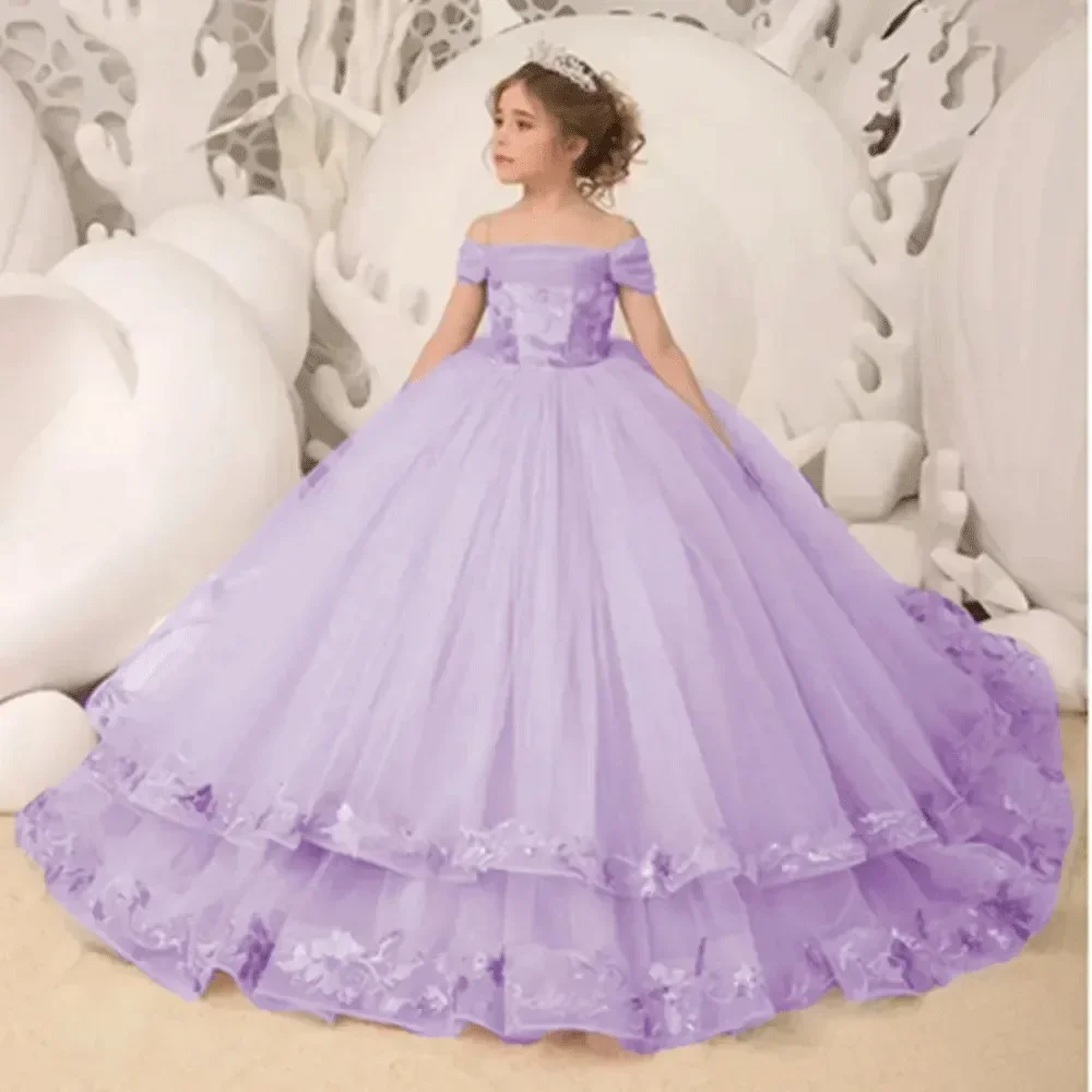 Vestidos elegantes con hombros descubiertos para niña, vestidos de flores para boda, niños pequeños, apliques de volantes, vestido de desfile de tul, vestidos de baile de cumpleaños para niños