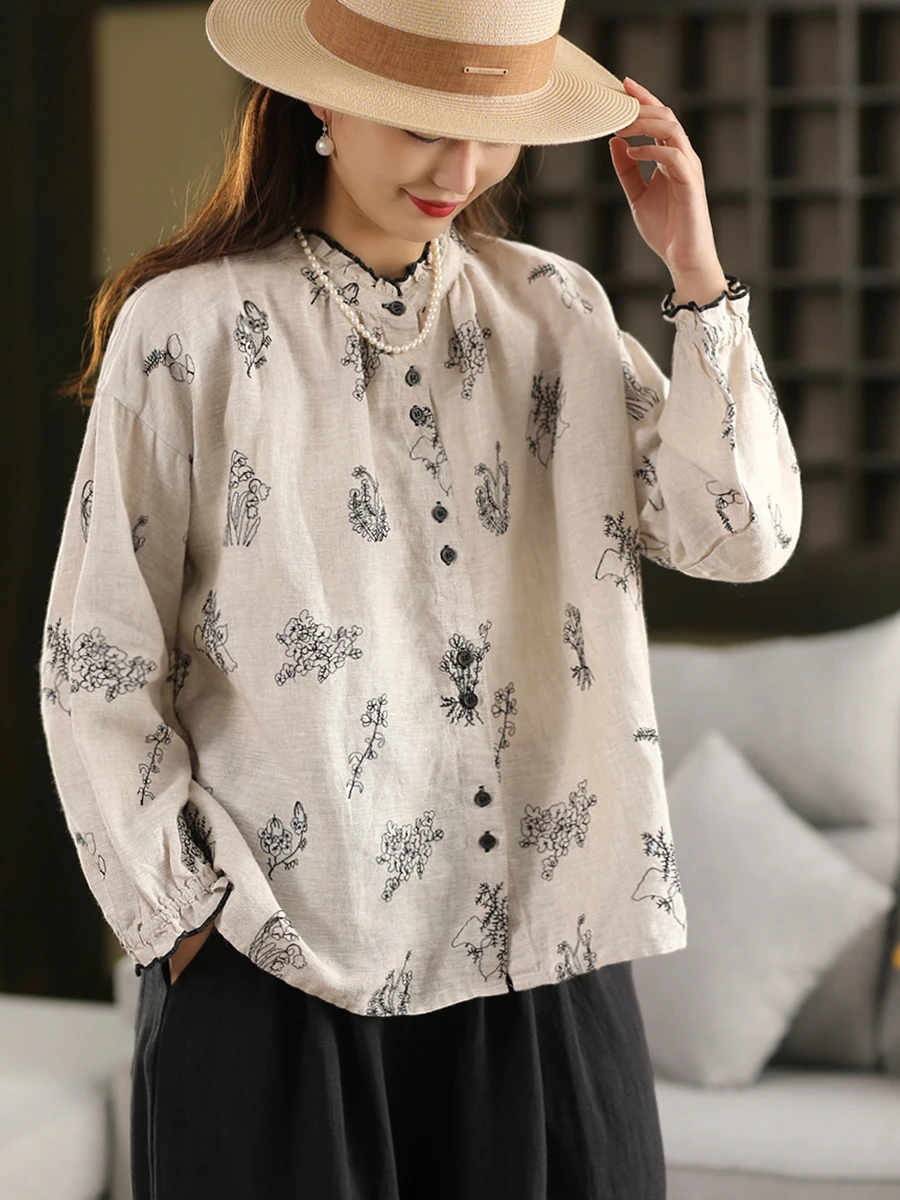 

Рубашка Ele Long Sve из чистого льна с вышитым воротником на одной пуговице, весенняя модная рабочая одежда свободного кроя для повседневной носки