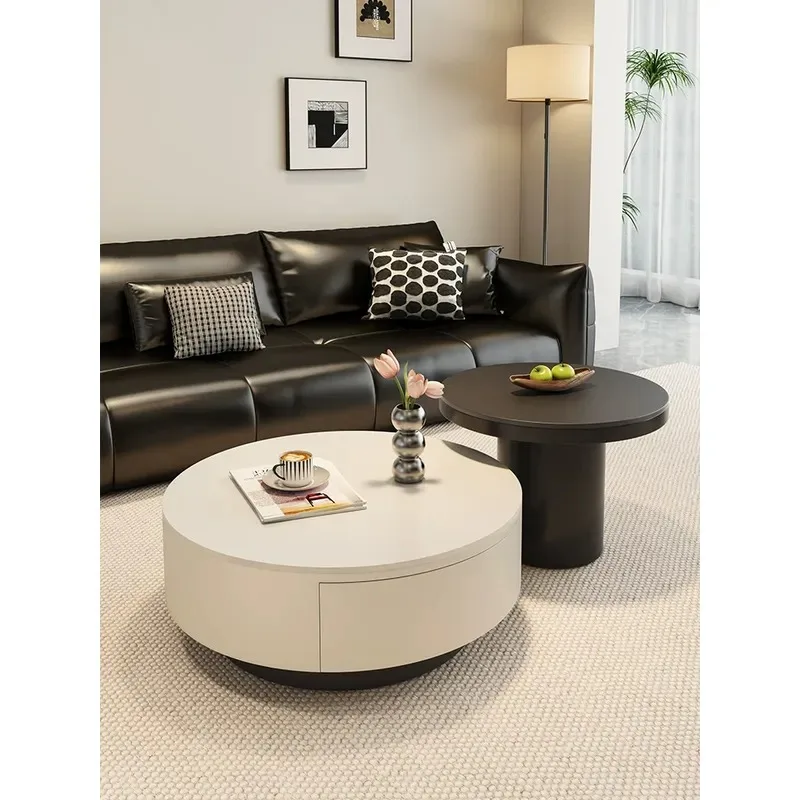 Modern Simple Round Rock Slab Coffee Table Black White Solid Wood High End Light Luxury Tea Table for Living Room Small