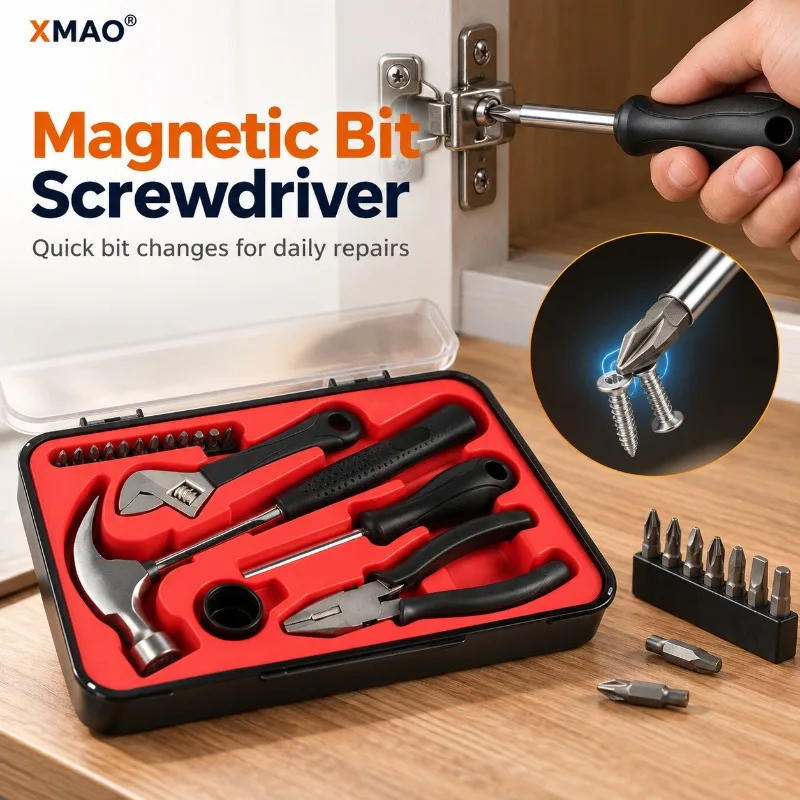 17-Piece DIY Home Tool Kit with Claw Hammer, Adjustable Wrench, Combination Pliers, Magnetic Screwdriver Bits and Carry Case