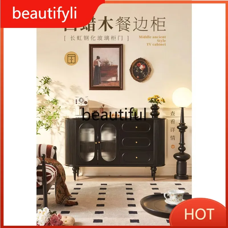 A139 French solid wood dining side cabinet,  retro wind roller shutter integrated tea cabinet, multi-functional storage cabinet
