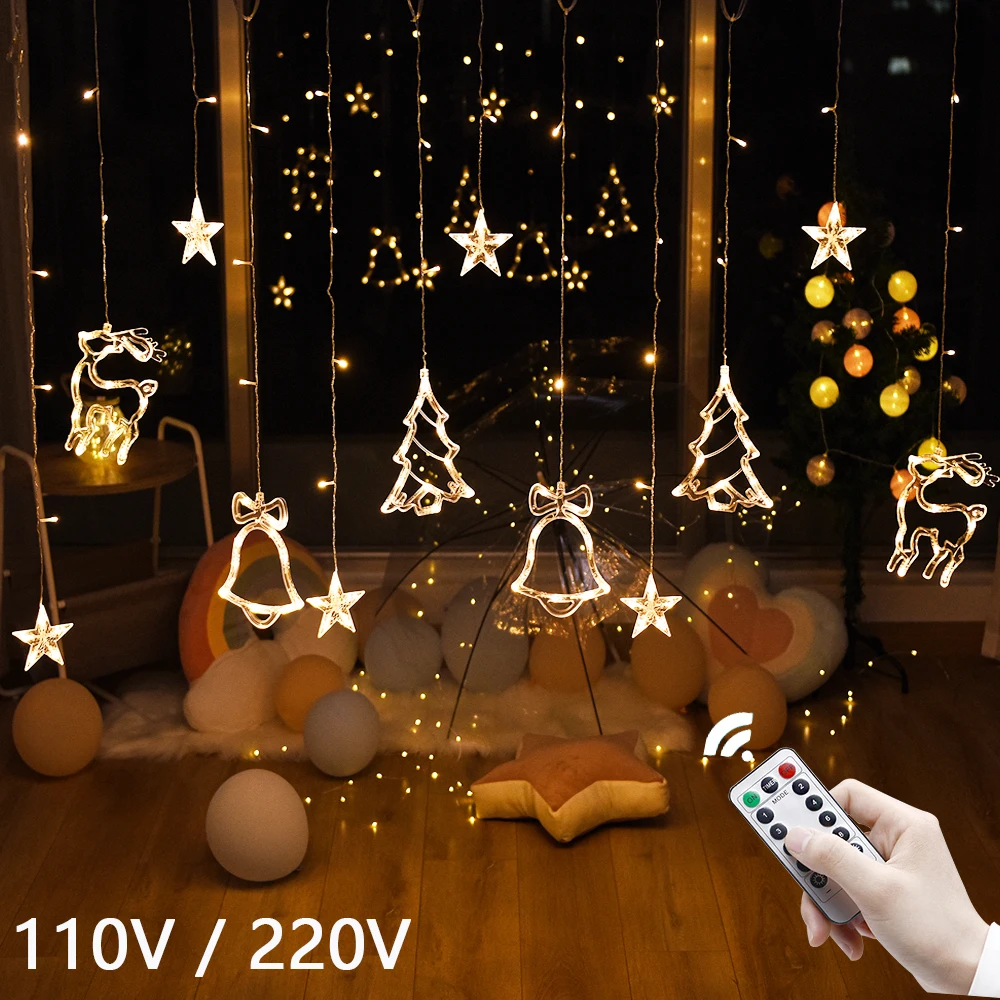 Christmas Fairy Curtain String Lights 3.4M LED Star Deer 220V 110V Garland Festoon For Xmas Tree New Year Navidad Party Decor