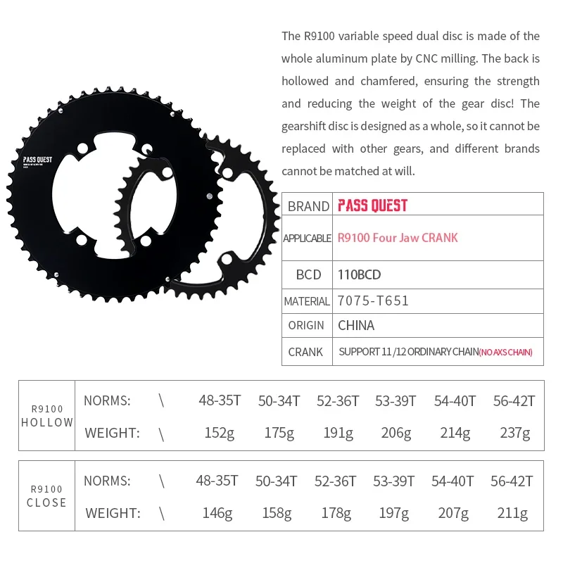 PASS QUEST 110BCD 4 Bolt Chainrings AERO ROAD Bike Sprocket for SHIMANO DA9100 R9100 Chainring 4-Bolt 11S 12Speed 2x12S 2x11S