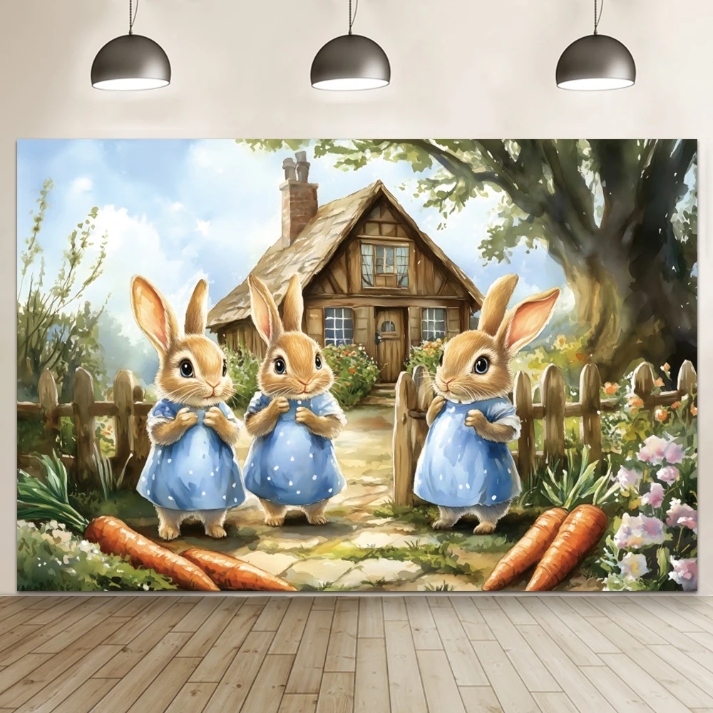 Comic Cartoon Bunny Easter Decoration Background Meadow Carrot Spring Cute Bunny Garden Backdrop Baby Shower Photo Area Props