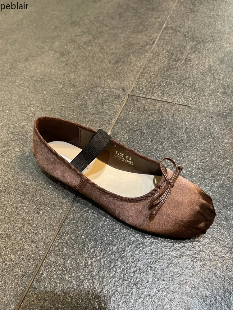 Spring 2025 Cozy Flat Satin Ballet Flats Round Toe Shallow Mouth Retro Mary Jane Shoes