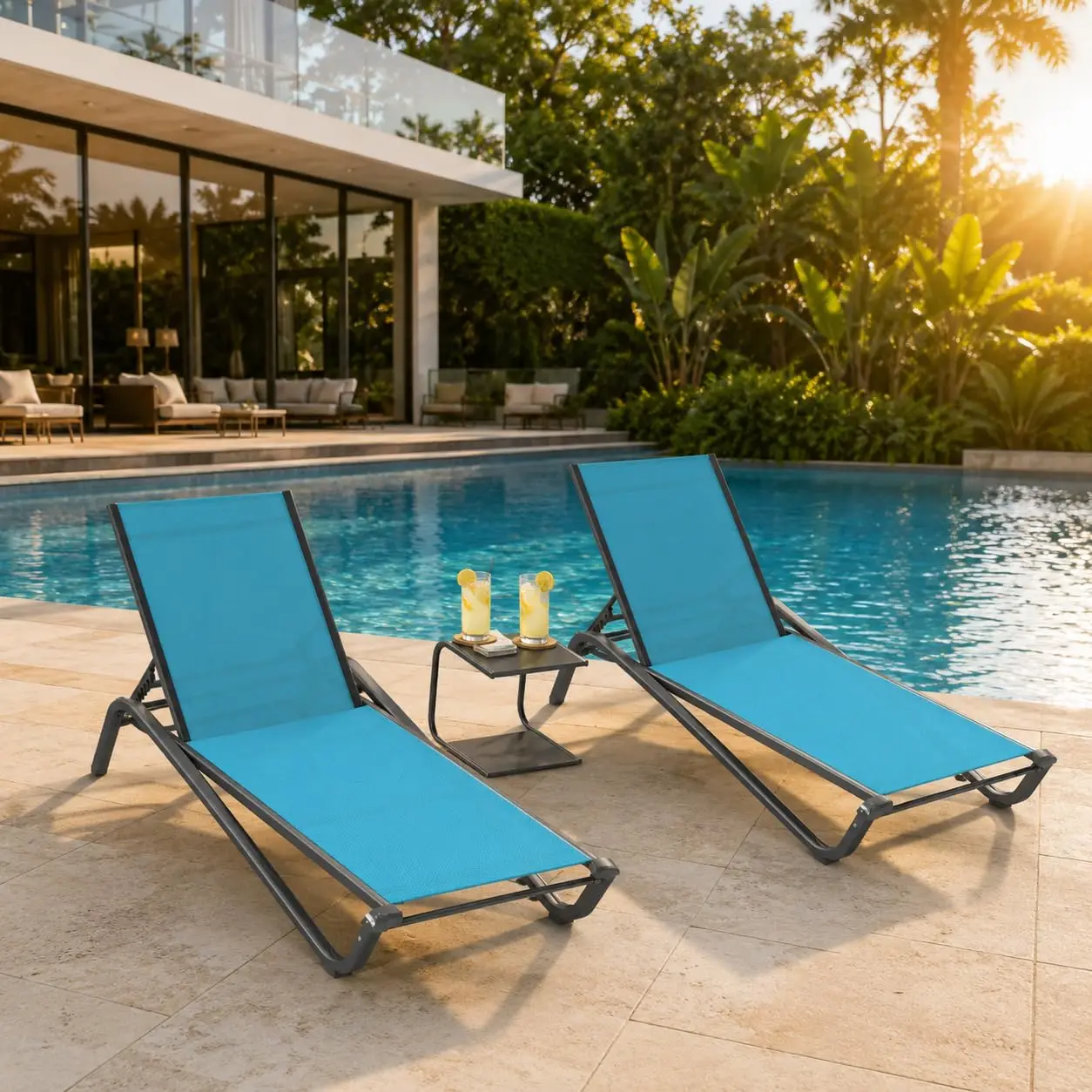 2 Adjustable Pool Chaise Lounges & Side Table, All-Weather Outdoor Furniture for Pool & Patio, Blue, Customized