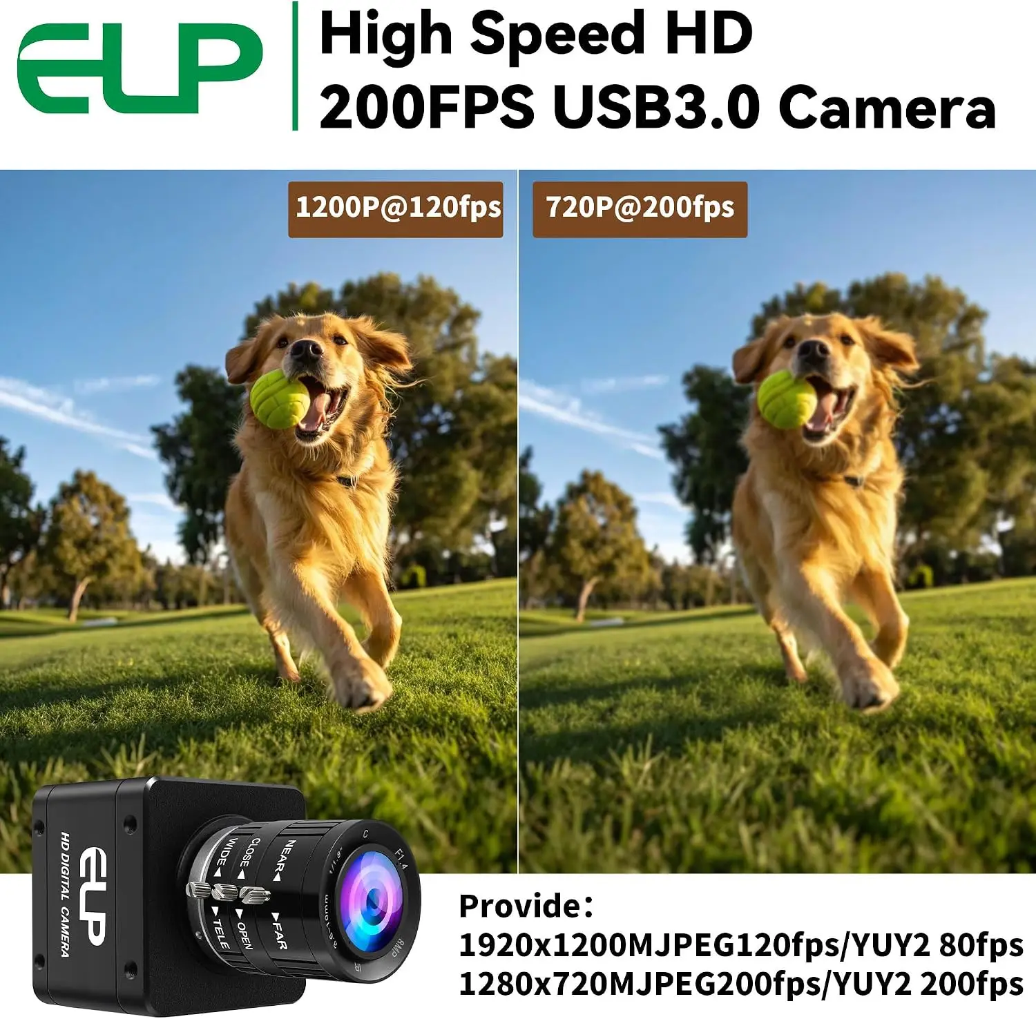 ELP Global Shutter USB3.0 Camera 2.3MP 1080P 120fps/200fps AR0234 3.6-10mm CS Manual Focus Lightburn Camera for Windows, Linux,