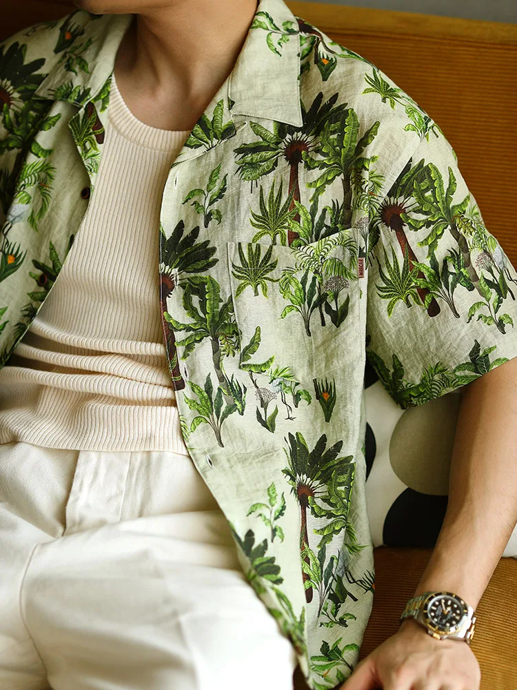 

High-End Retro Cuban Collar ort Sve Linen irt Narrow American Casual Hawaiian irt for Men Summer Youth Trend