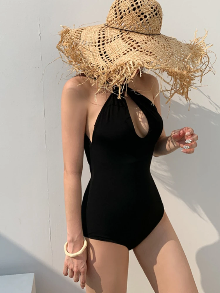 2024 New Swimsuit Strap Low-Cut Open Back Invisible Buckle Triangle Bikinis Small Fresh 1-Piece Sexy Beach Style Trendy Swimwear