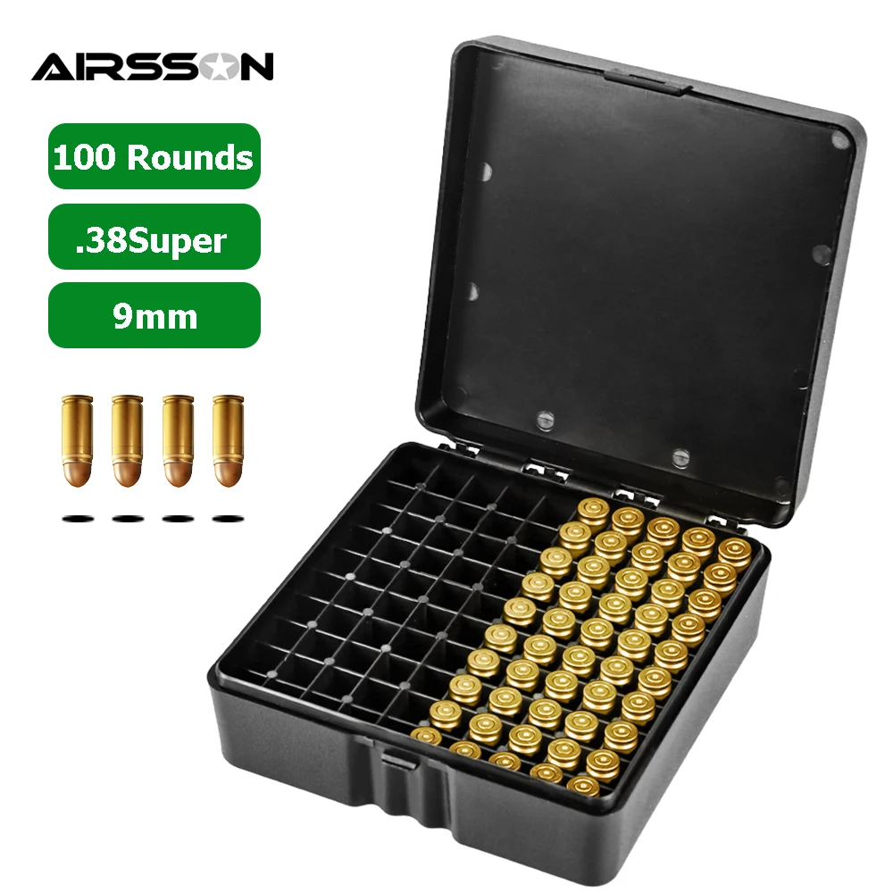 

100 Rounds Ammo Box .38Super/9mm Bullet Shell Holder Box Pistol Rifle Ammo Carry Storage Box Flip-Top Bullet Case