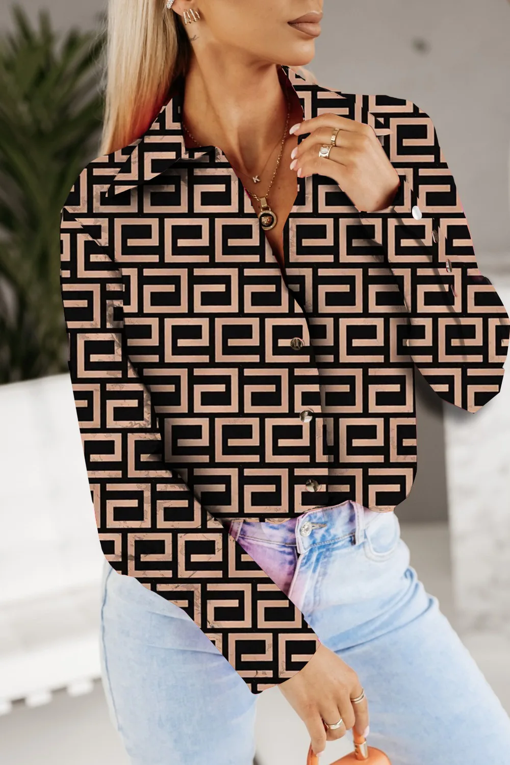 Damen-Hemd mit kräftigem rosa und schwarzem Aufdruck, langärmlig, Umlegekragen – Freizeithemden aus Polyester für Frühling/Herbst