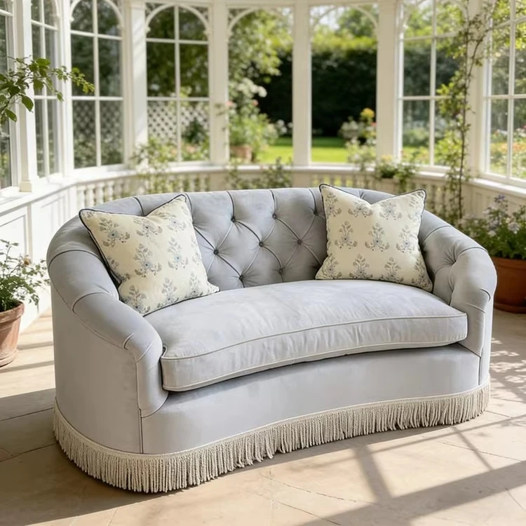 &c French Retro Double Cloth Sofa with American Buckle Velvet Tassel Design