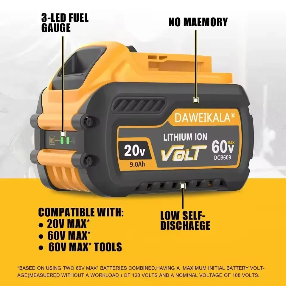 Pro Dewalt DCB609 60V MAX Flexvolt baterie 9000mAh kompatibilní baterie DCB547-XJ DCB606 DCB200 DCB182 DCB204 baterie pro elektrické nářadí - náhled 5