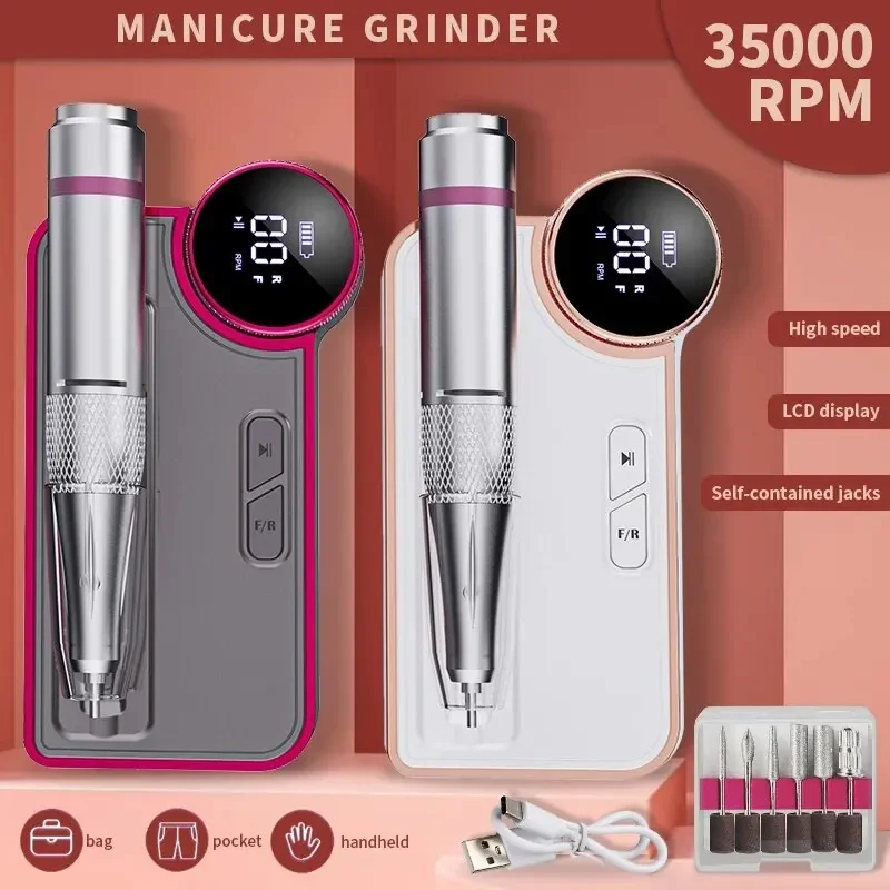 

35000RPM Professional Nail Drill Machine Rechargeable Lathe Nails Milling Cutters for Manicure Gel Nail Polish Sander Low Noise