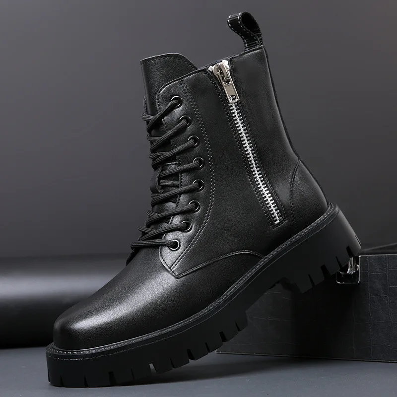 

Черные модные высокие мотоциклетные мужские ботинки, модная обувь из натуральной кожи, ковбойские осенне-зимние ботинки, красивые мужские ботинки на длинной платформе