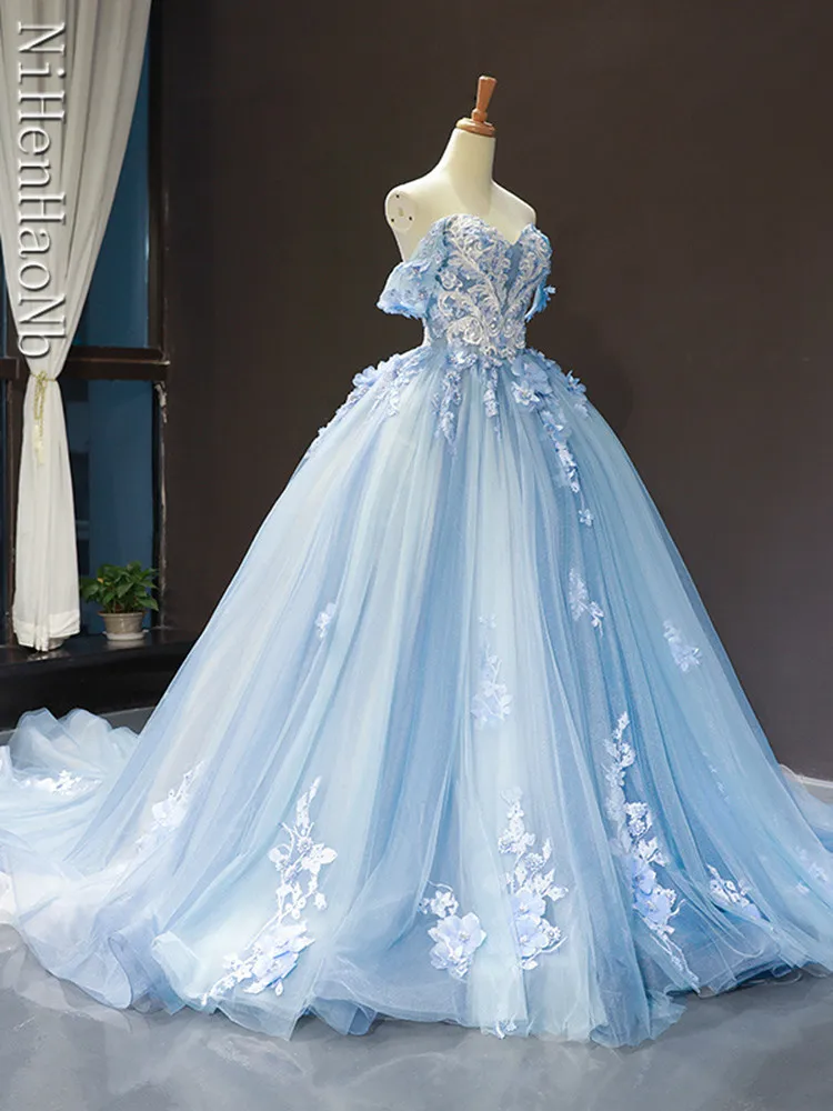 Blue Quinceanera Dresses Off The Shoulder Princess Prom Dress Appliques Ball Gown With Small Train Vestidos De 15