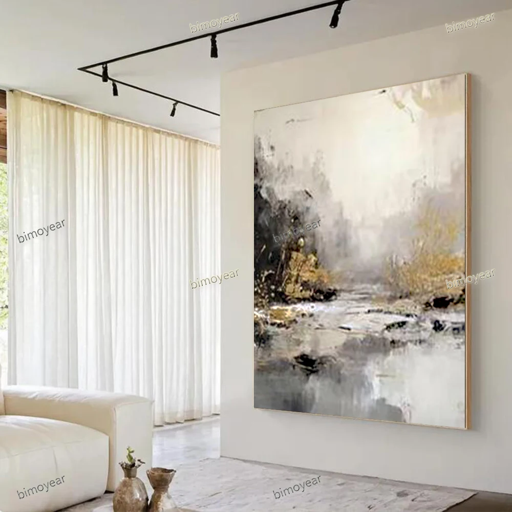 100% Handmade Abstract Oil Painting Gift Black-Gold Stream Landscape Wall Art Picture for Home Living Room Decor Image On Canvas