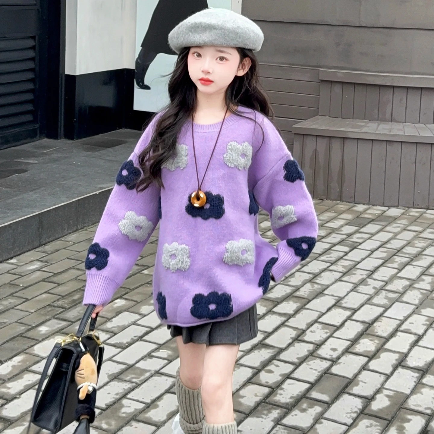 Winter Girls Sweaters Thicken Knitwear Long Tops Teenage 5-14Year Old Girl Child Purple Flowers Knit Coat Loose Sweater Outwear