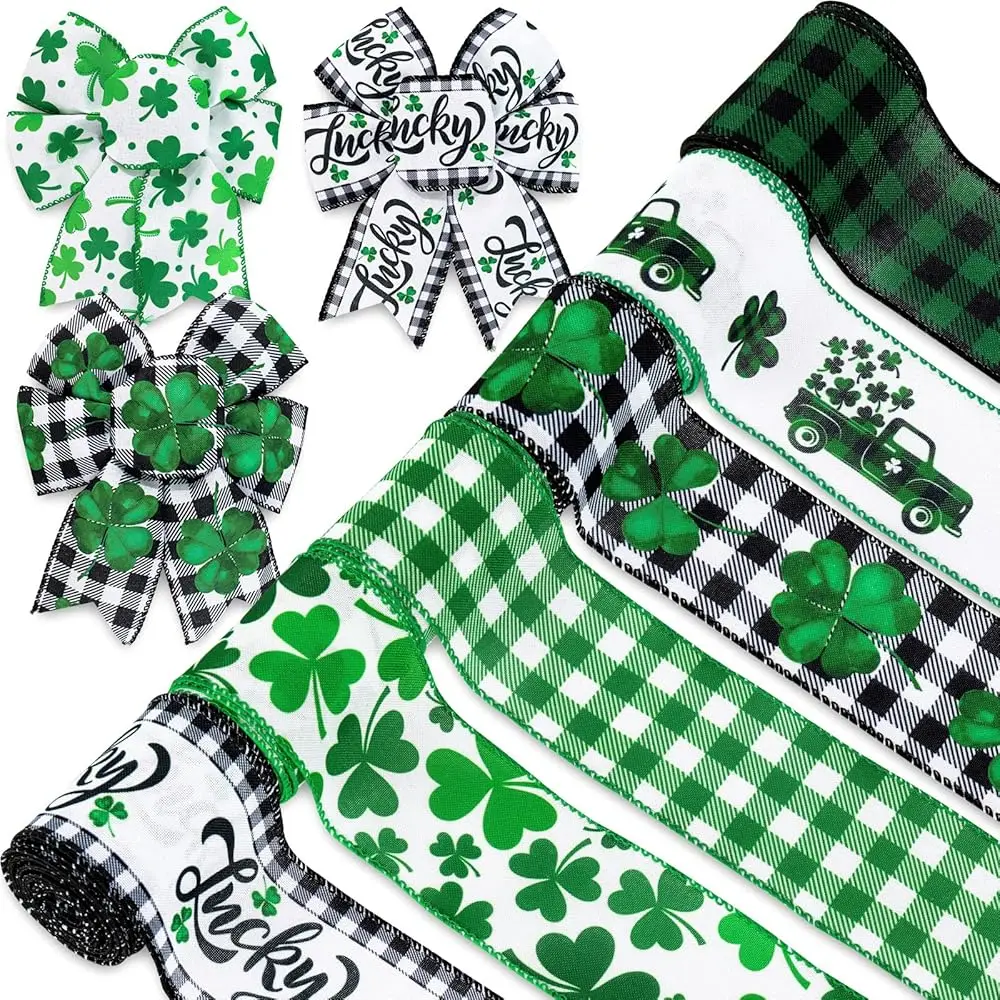 

6 рулонов тесьмы с проволочным краем ко Дню Святого Патрика, 2,5 дюйма, зеленая, черно-белая, в клетку «Буффало», тканевая лента с клевером и трилистником, для декора грузовиков