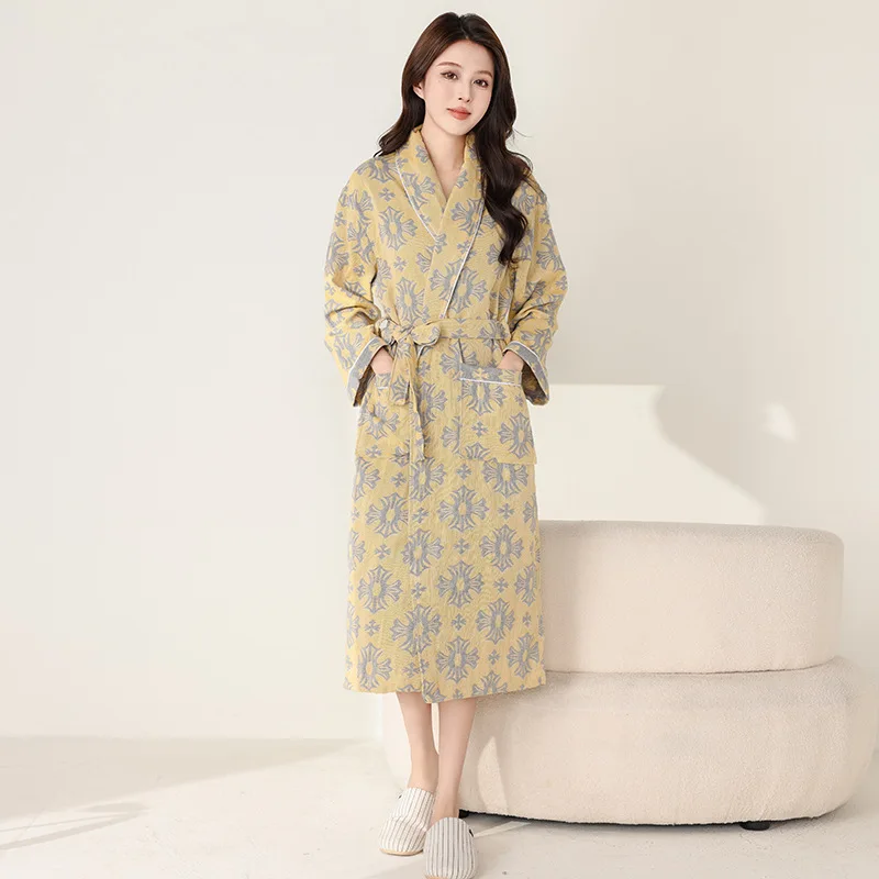 

Couples Kimono Robe 2024 New Long Sleeves Sleepwear 100% Cotton Gauze Casual Loose Pajamas V-neck Nightgown Unisex Bathrobe
