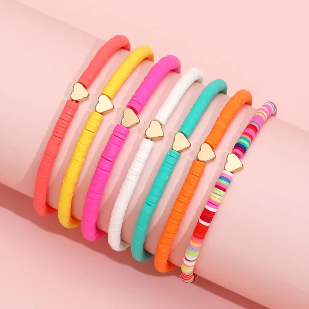 Fashion Rainbow Stackable Bracelets Set For Women Heart Charm Soft Clay Pottery Layering Beads Chain Bangle Female Boho Jewelry