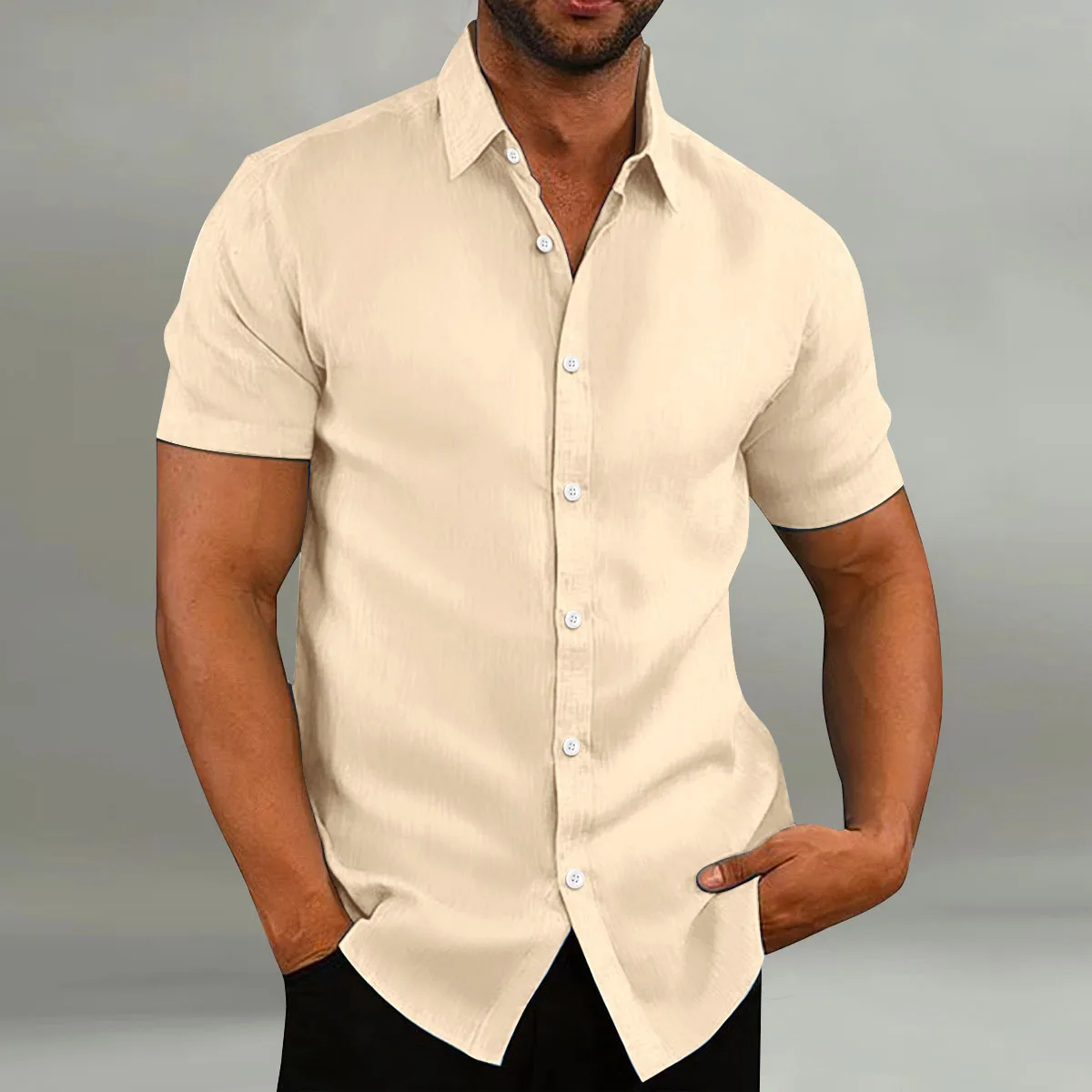 2024 Summer Men\'s Casual Shirt Stylish and comfortable vintage cotton and linen solid color lapel men\'s formal short-sleeved shi