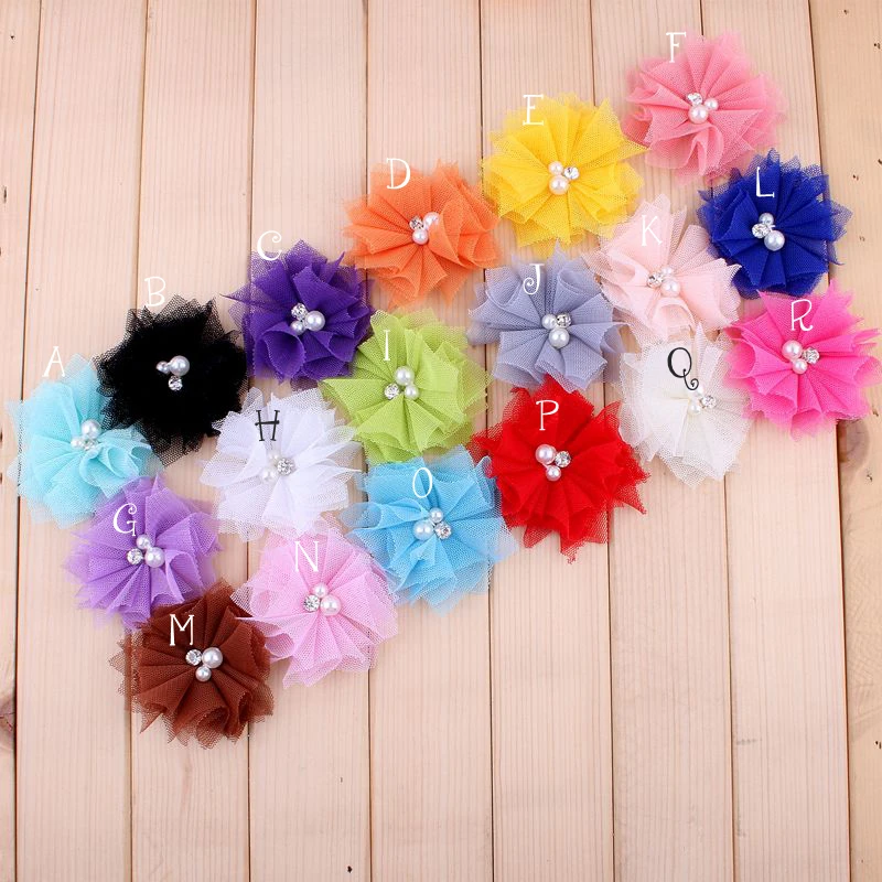 50pcs/lot 6.5cm 18colors DIY Soft Chic Mesh Hair Flowers With Rhinestones+Pearls Artificial Fabric Flowers For Kids Headbands