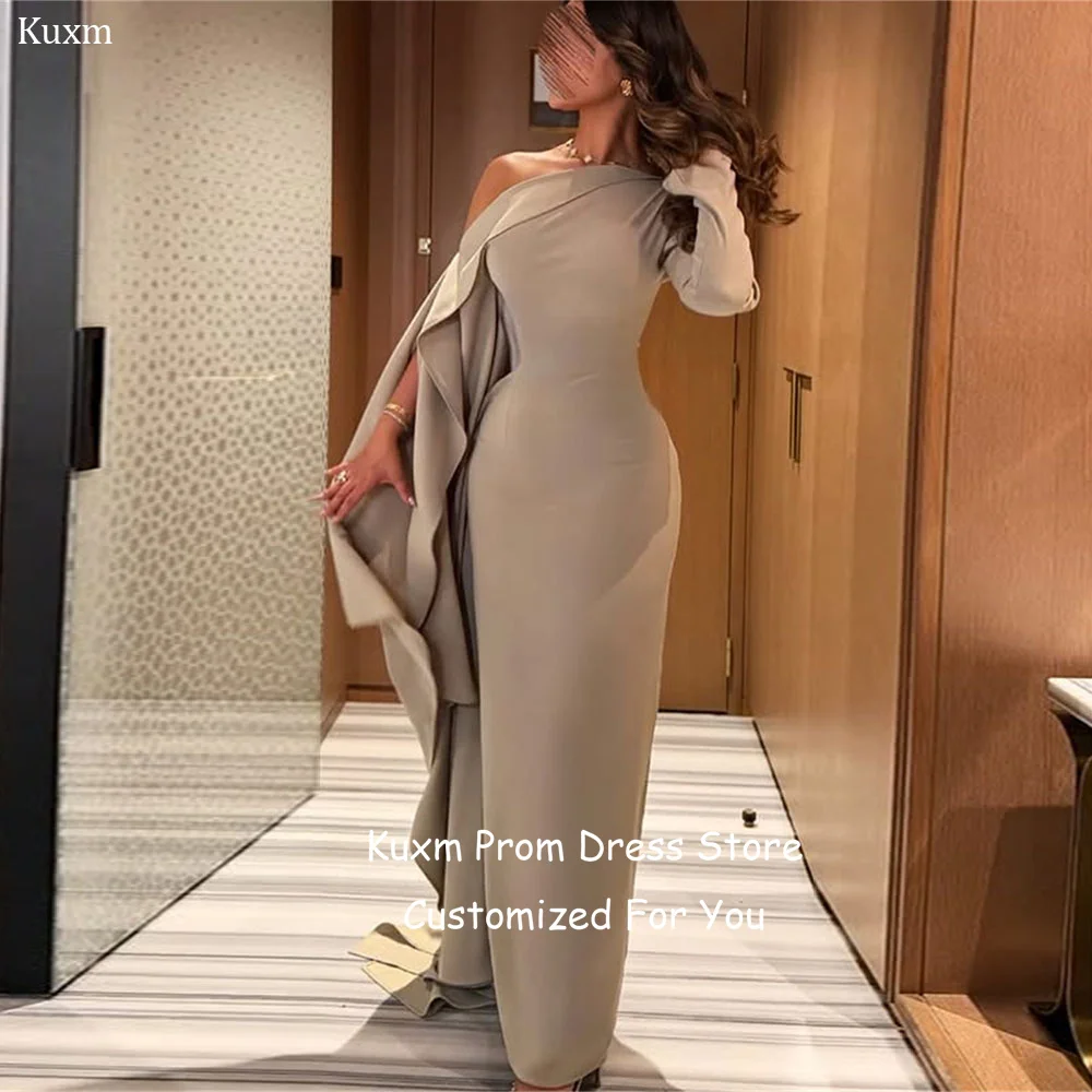 Kuxm Satin Dubai Evening Dresses A Line Scalloped A Line Vestidos De Festa Modern Off The Shoulder Vintage Prom Gowns Customized
