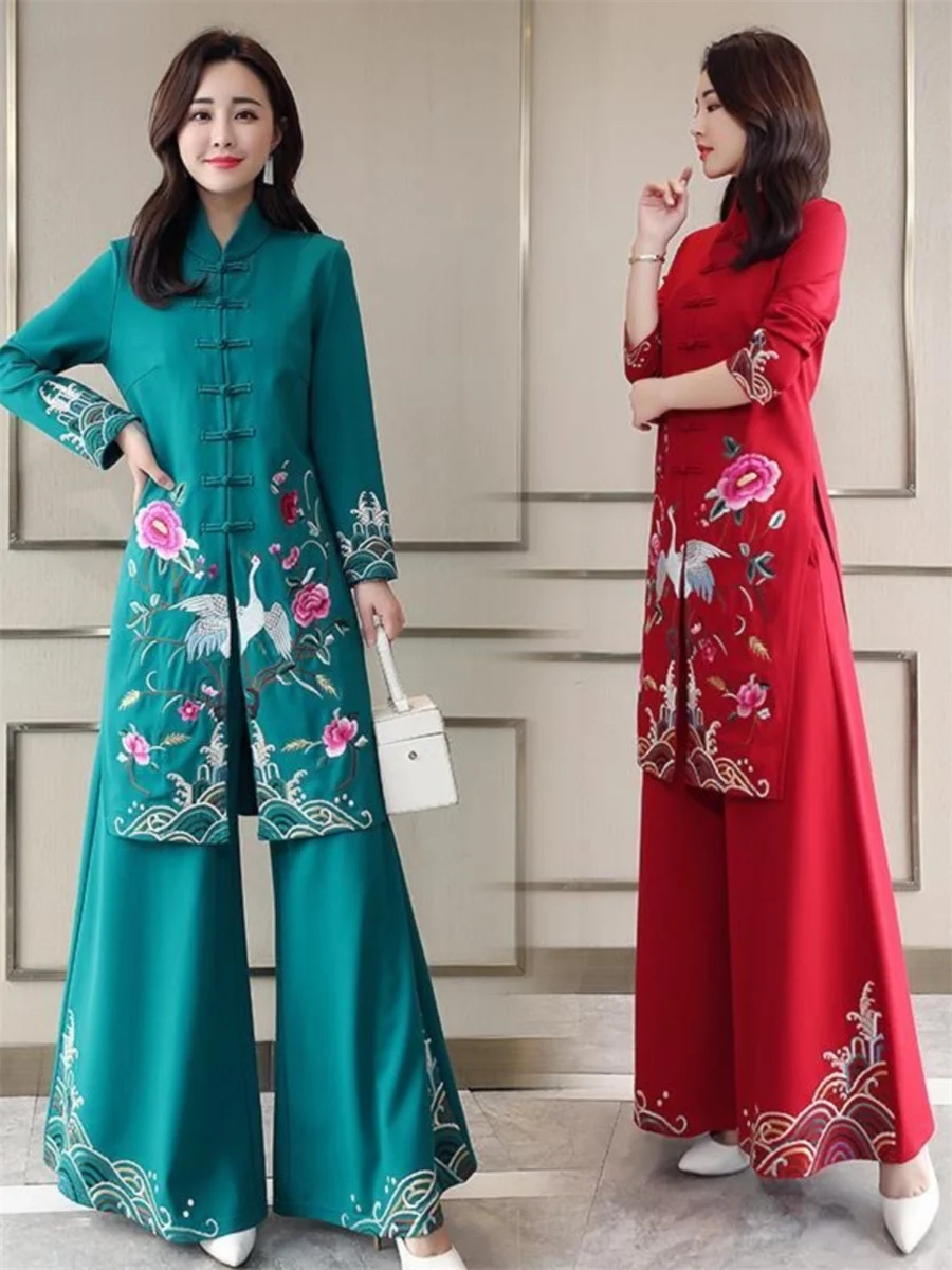 Conjunto retrô de calças largas bordadas estilo Tang para mulheres, conjunto de duas peças cheongsam melhorado, na moda, outono, inverno