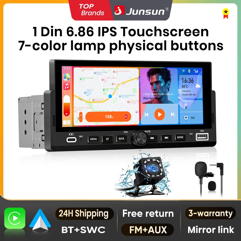 Junsun 6,86 Zoll Autoradio-Radio 1 Din Universal Multimedia Video MP5-Player Carplay Android Auto Touchscreen BT SWC USB-Aufladung