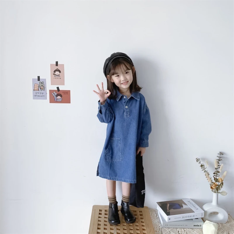 Girls Dress New Spring Autumn Long-Sleeve Solid Color Denim Casual Loose Pocket Toddler Kids Clothes Korean Style Clothes 2-6Y