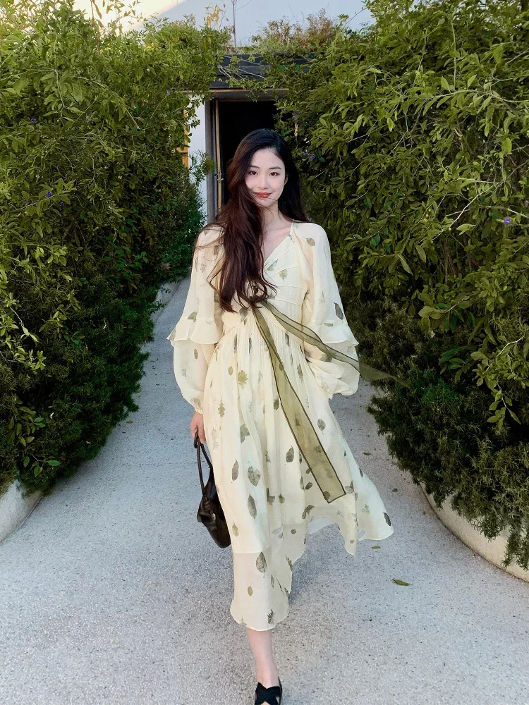 Abito da fata floreale vintage francese Abito da donna casual elegante stile spiaggia Abito da festa in chiffon Abito intero da donna coreano Estate 2023