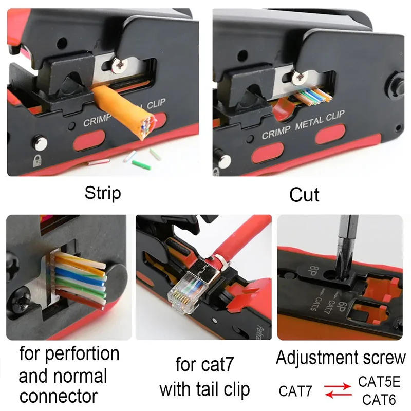  KEBIDUMEI RJ45 Crimper CAT7 Crimping Tool for Pass Through RJ 45 Connector for Cat6 Cat5 Cat5E Plugs With Wire Stripper Cutter