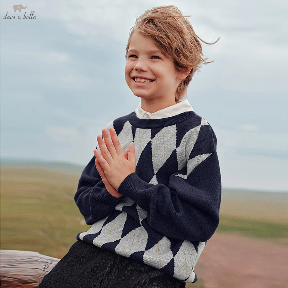 Dave Bella Boys Winter Warm Knitted Sweater Fake Two-piece Children 7-15 Years Teen Knitwear Pullover Long Sleeve Top DK4263700
