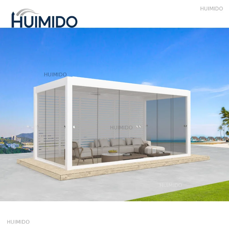 Luxury Outdoor Aluminum Pergola with Motorized Louver Roof and Glass Sliding Doors | 6063-T6 Heavy Duty Structure